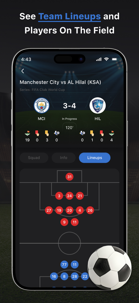 Soccer Score App - Smartphone screen of Soccer Score App showing live match lineups and tactical player positions on a pitch