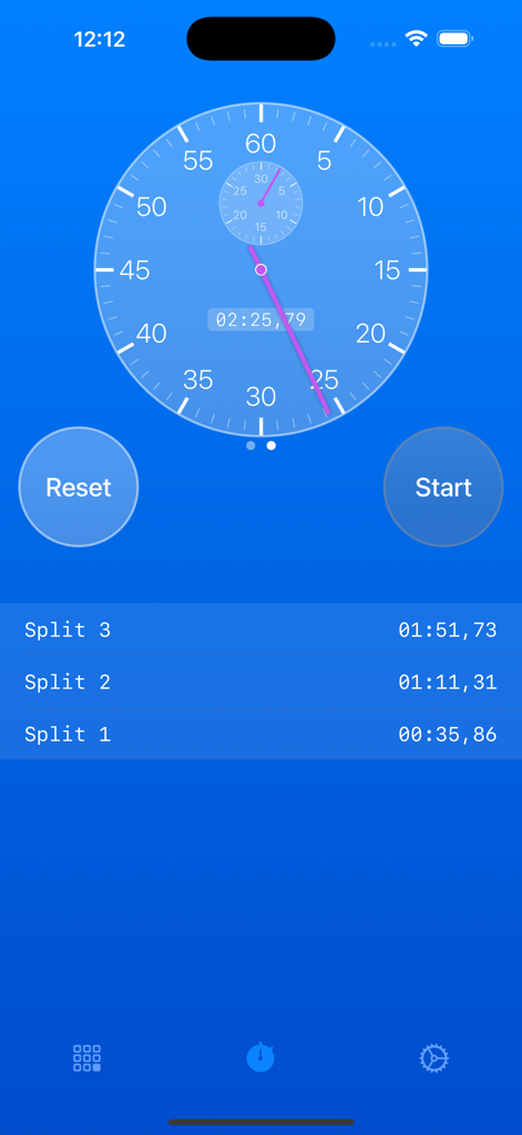 FINA Points - Professionelle Schwimm-Stoppuhr-Oberfläche mit Zwischenzeiten in der FINA Points App