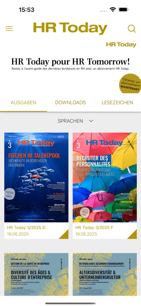 HR Today Magazin - Digitale Bibliothek von HR Today Magazin-Ausgaben auf Deutsch und Französisch, angezeigt auf einem mobilen Bildschirm.