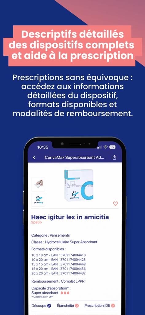 Interface de l'application e-Pansement affichant des informations détaillées sur un dispositif de pansement médical.