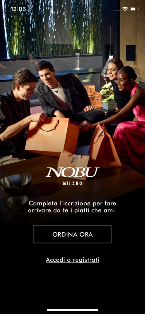 Nobu Milano - Nobu Milano app welcome screen showing people with luxury food delivery bags