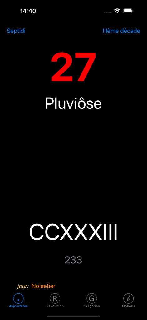 Una captura de pantalla de la aplicación Prairial que muestra la fecha 27 Pluviose en el Calendario Republicano Francés