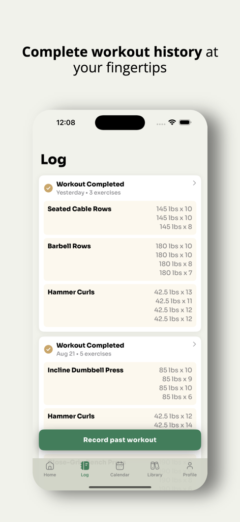 BooFit - Gym Workout Tracker - A mobile app interface displaying a detailed history of completed gym workouts including exercises weights and repetitions.