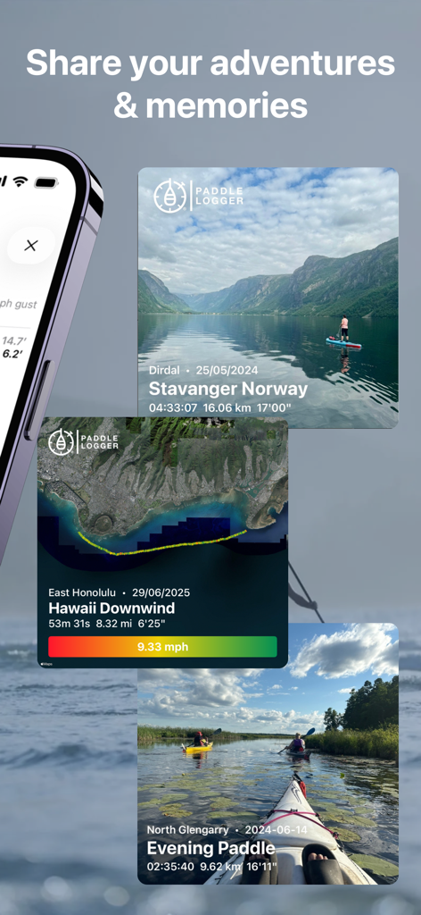 Paddle Logger: SUP & Kayaking - Tarjetas de compartir en redes sociales mostrando estadísticas de viajes de remo y fotos en Paddle Logger.