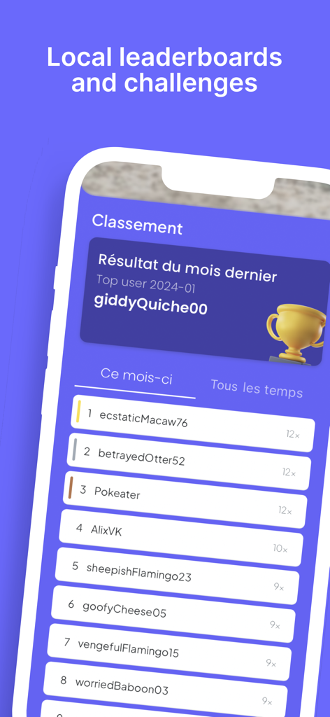 Pantalla de clasificación local de la app Badger Cards mostrando rankings mensuales y desafíos de lealtad.