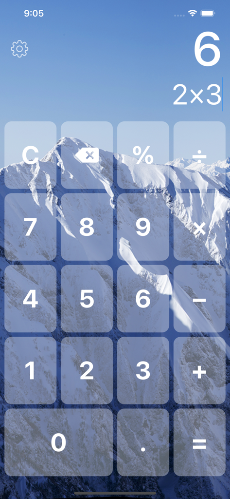 Big Button Calculator Pro Lite - Big Button Calculator interface showing a calculation with large buttons over a mountain landscape background