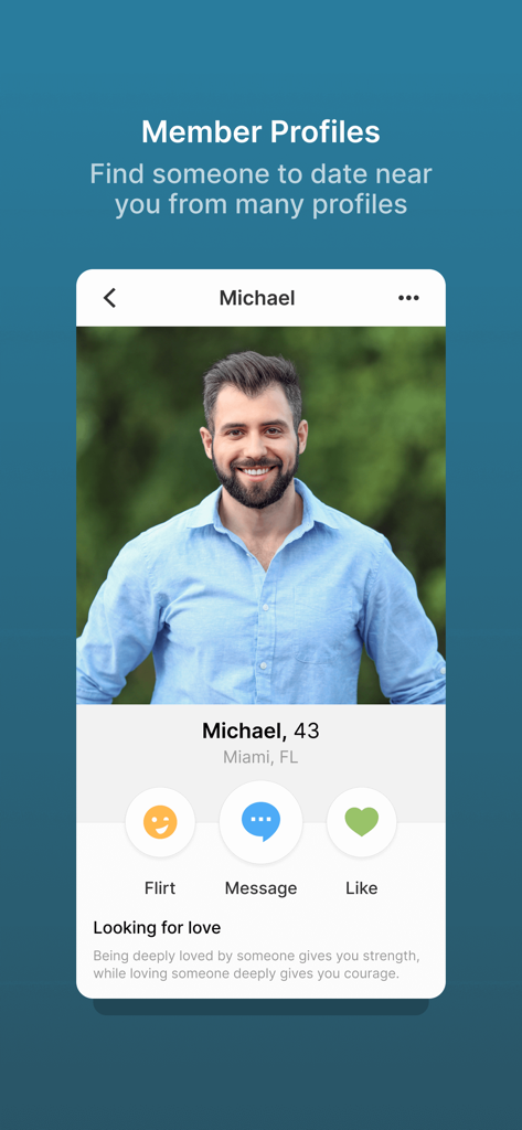 Sober Dating Service App - Sober Dating Service App member profile screen showing a user named Michael from Miami
