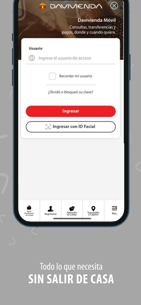 Davivienda Honduras - Login screen of the Davivienda Honduras mobile app featuring a username field and Face ID login option.