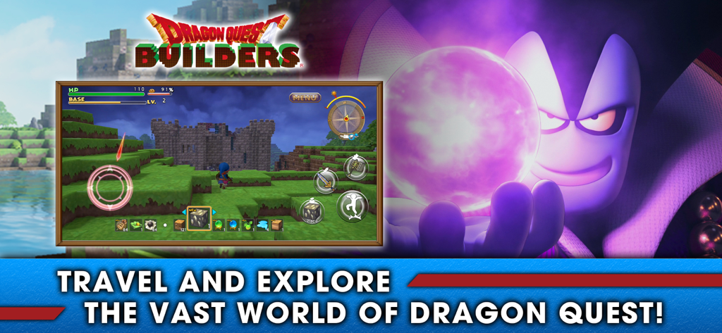 DRAGON QUEST BUILDERS - Dragon Quest Builders gameplay screen showing a blocky world alongside the Dragonlord villain holding a glowing purple orb