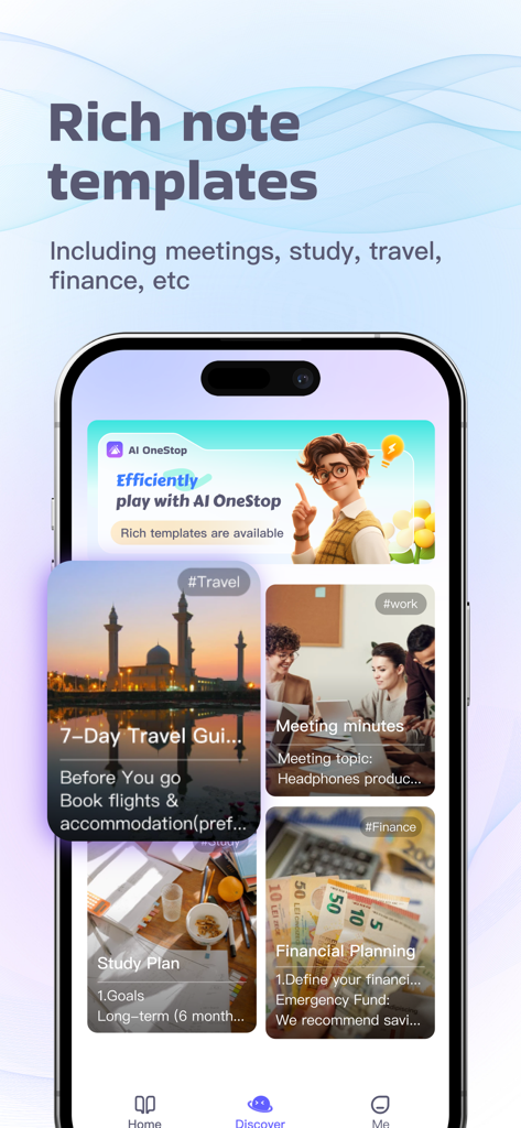 InstaWrite AI app screen displaying diverse note templates for travel meetings study and finance