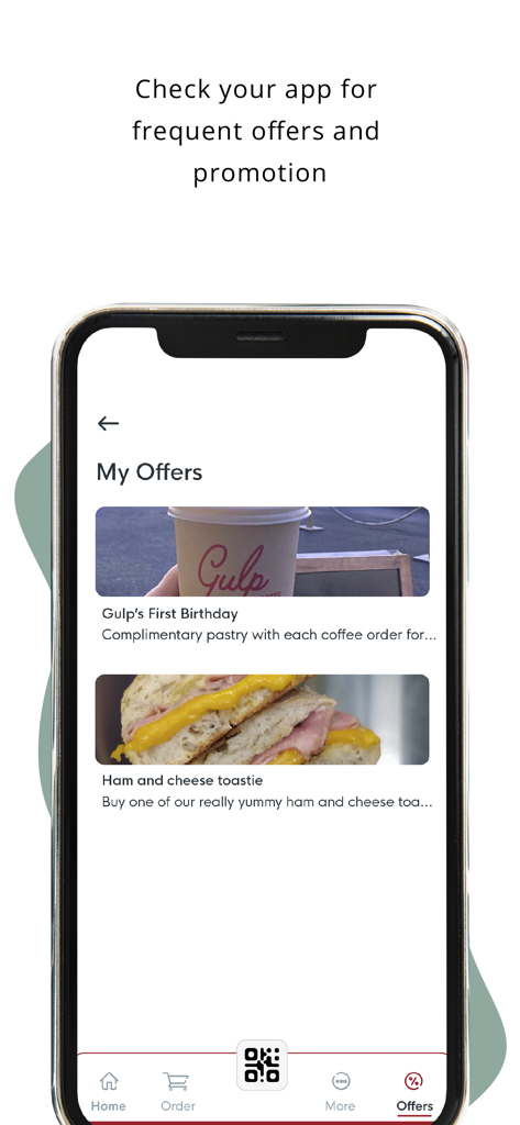 Screenshot of the Gulp Coffee app showing special offers and food promotions.