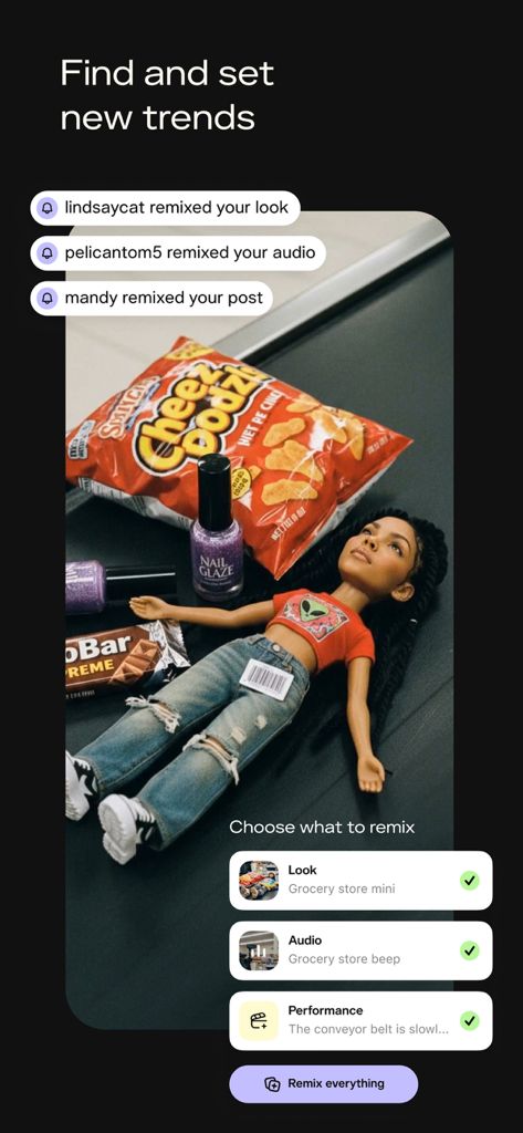 Pika: AI Video & Trend Maker - Screenshot of Pika app interface showing notifications of users remixing content and options to remix video looks, audio, and performance.