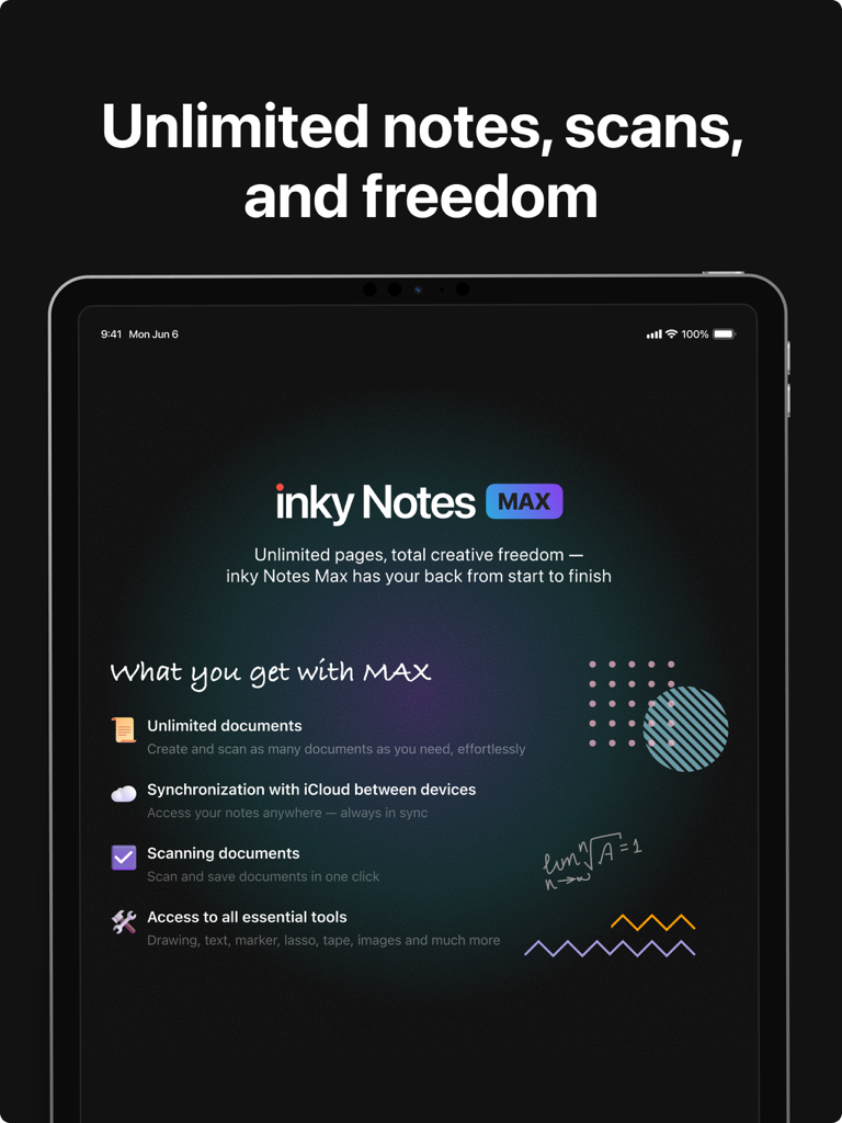 Inky Notes: Good Note taker - Una pantalla que muestra las características de la suscripción Inky Notes MAX, incluida la sincronización ilimitada de documentos con iCloud y el escaneo de documentos en un iPad