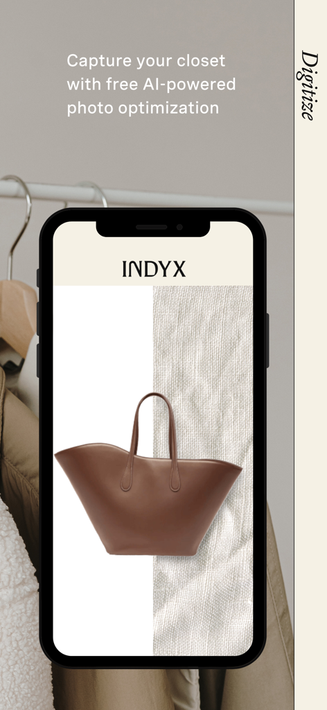 Indyx: Wardrobe & Outfit App - Smartphone screen showing Indyx app feature for AI powered closet digitization with background removal