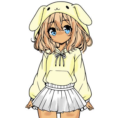 pretty anime girl wearing a fluffy hoodie with bunny ears on the hood and a skirt