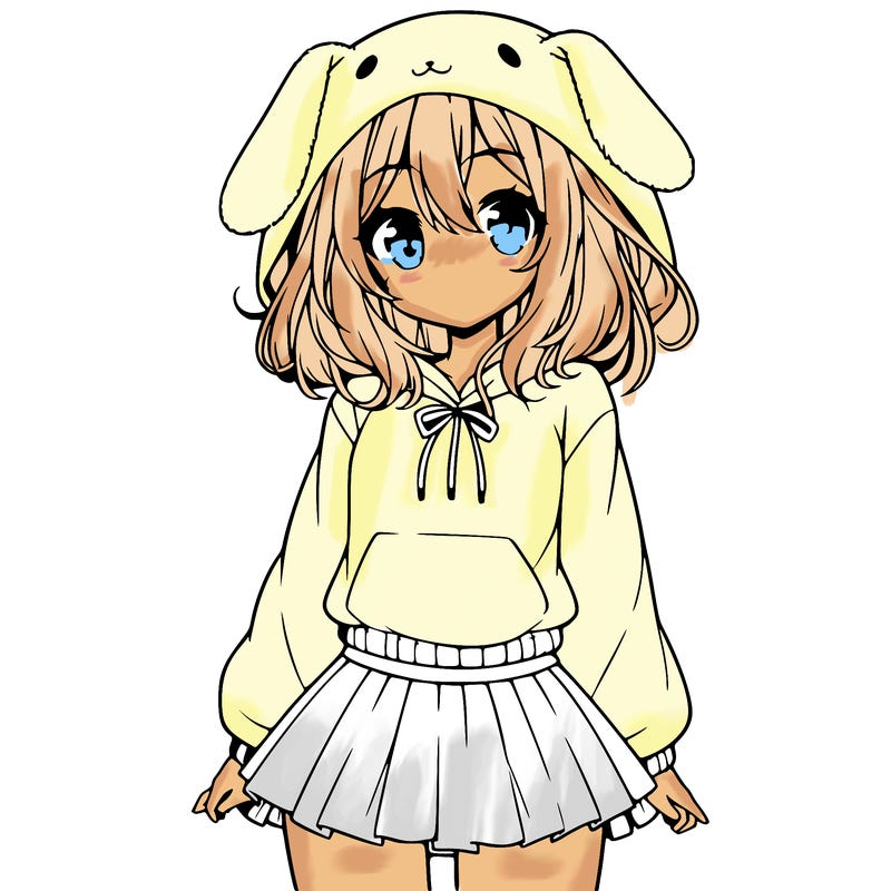 pretty anime girl wearing a fluffy hoodie with bunny ears on the hood and a skirt
