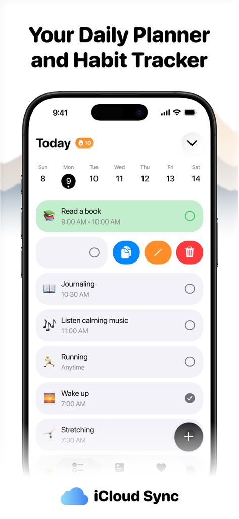 Daijobu – Daily Habit Tracker - iPhone screen showing the Daijobu app daily planner and habit tracker list with tasks like reading journaling and running