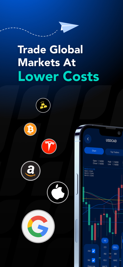 PU Prime - Forex Trading - グローバル株式および資産のテクニカル取引チャートとアイコンを表示するPU Primeアプリインターフェース