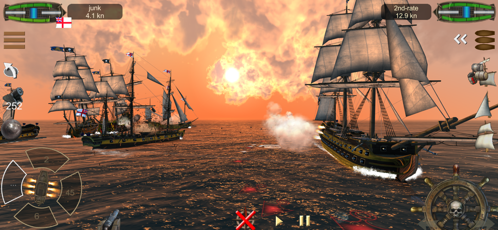 The Pirate: Caribbean Hunt - Large sailing ships engaged in a naval battle at sunset with game UI elements