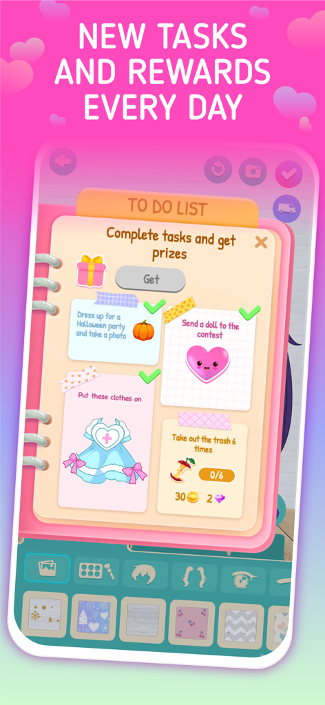 Chibi Doll Maker Dress Up Game - Daily tasks and rewards screen in the Glamora Chibi Doll Maker dress up game.