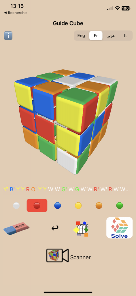Solve and Scramble for Dummies app interface showing a 3D Rubik's cube and manual color selection tools