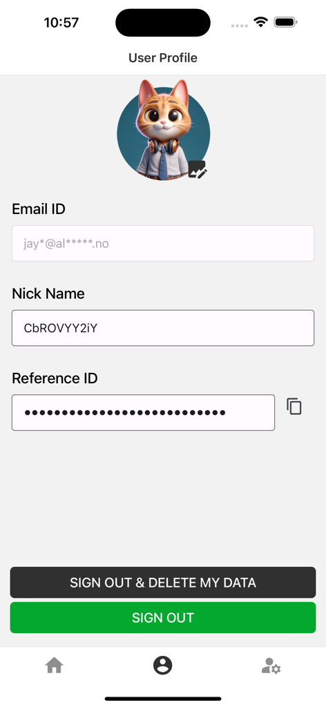 Rigel Castle Baccarat - User profile screen of the Rigel Castle Baccarat app showing account details and sign out options