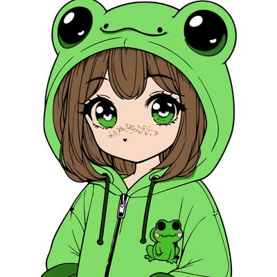 cute realistic girl in a froggy hoodie