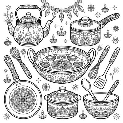 Immerse yourself in the joy of Diwali with this unique coloring page featuring beautifully adorned cookware and bakeware. Each item is intricately designed with traditional patterns and glowing diyas, offering a delightful and festive coloring experience.