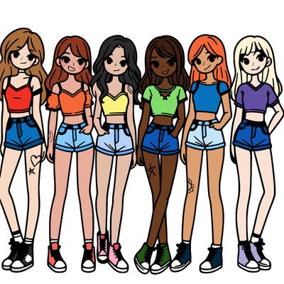 a group of girls wearing crop tops and shorts