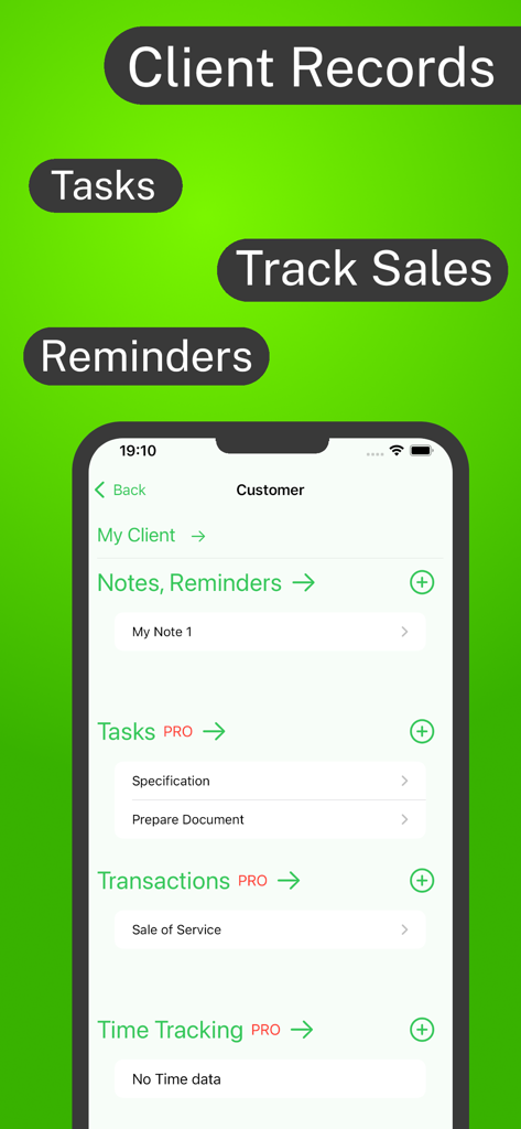 Una captura de pantalla móvil de la aplicación Lista de Clientes que muestra un perfil de cliente con secciones para notas, tareas, transacciones de ventas y seguimiento del tiempo