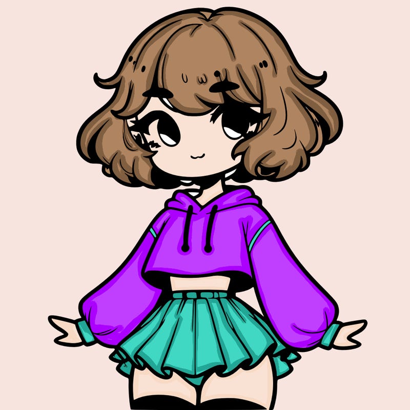 cute femboy with short, fluffy hair that softly frames their face, wearing a cropped hoodie, paired with a flouncy short skirt, and thigh-high stockings