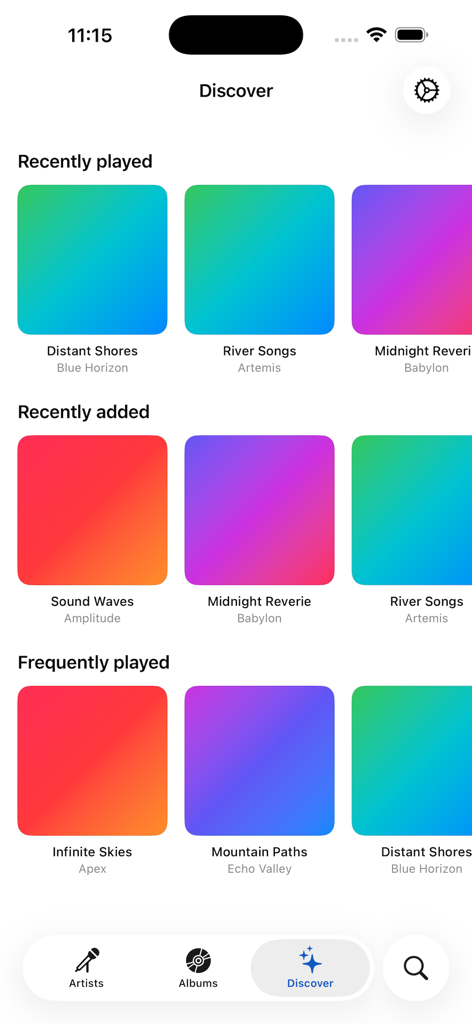 Cadence music player Discover screen showing recently played and added albums.