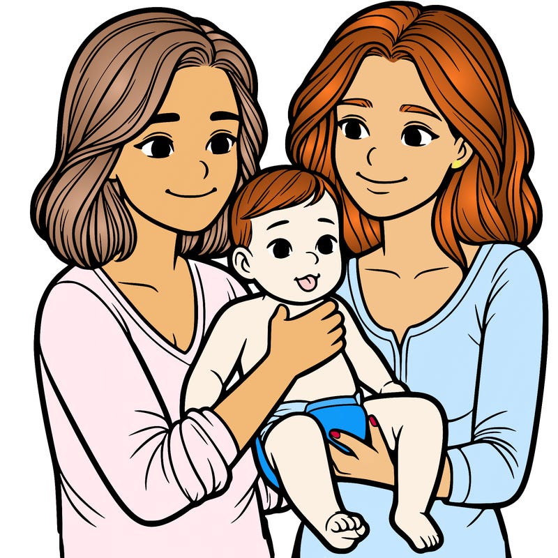 two realistic women holding one baby together