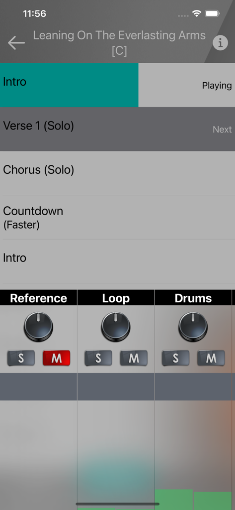 XME Triggers music mixer interface with controls for worship song sections and instrumental loops