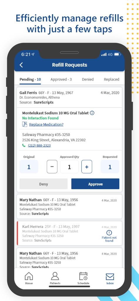 Avalon EMR - Avalon EMR mobile app interface for managing patient medication refill requests