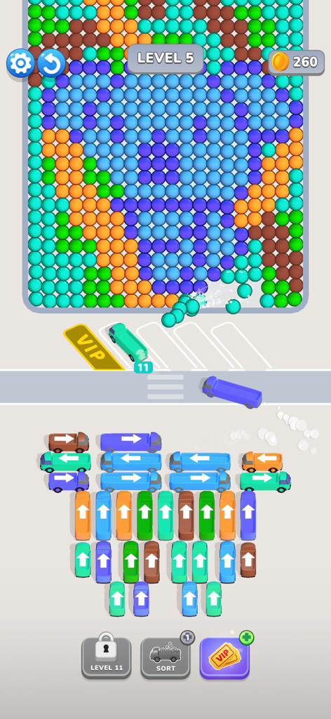 Bubble Bus: Parking Jam Puzzle - Una pantalla de rompecabezas de clasificación de colores con autobuses recogiendo burbujas coincidentes