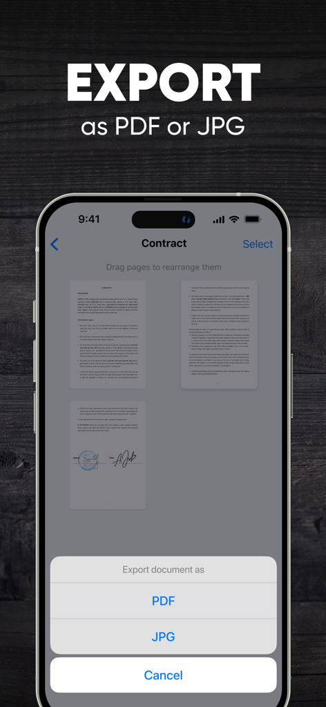 Scanner App. JPG, Photo to PDF - 스캔한 계약서를 PDF 또는 JPG로 내보내는 옵션을 보여주는 Scanner App 화면