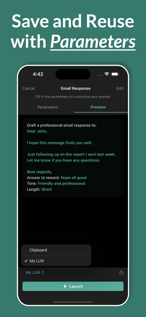 AI Prompt Manager - Reuse AI - Pantalla de la aplicación AI Prompt Manager que muestra una vista previa de un prompt de respuesta de correo electrónico profesional con parámetros personalizables como el tono y la longitud.