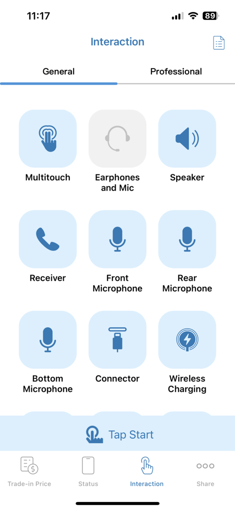Phone Doctor Plus - Phone Doctor Plus app interface showing hardware interaction diagnostic tests like multitouch speaker and microphone