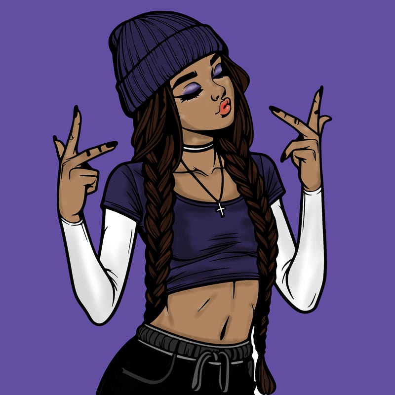 realistic teenage girl with braids and a beanie and crop top doing 🫶🏼