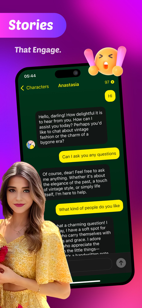 Zotap app interface showing a chat conversation with an AI character named Anastasia