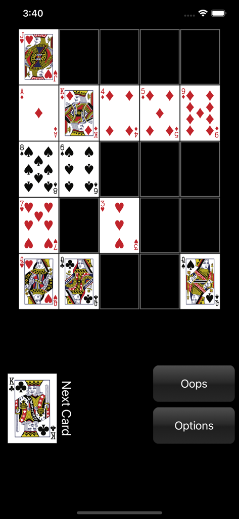 Poker Square - Solitaire - Écran de jeu de Poker Square Solitaire montrant une grille 5x5 avec des cartes à jouer.