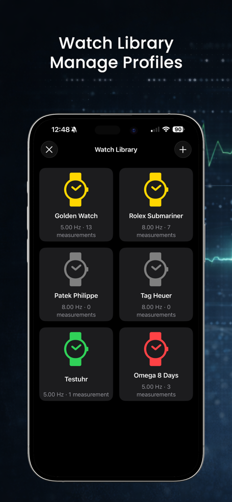 Tick-O-Meter - Watch library screen showing a collection of luxury watch profiles including Rolex and Patek Philippe