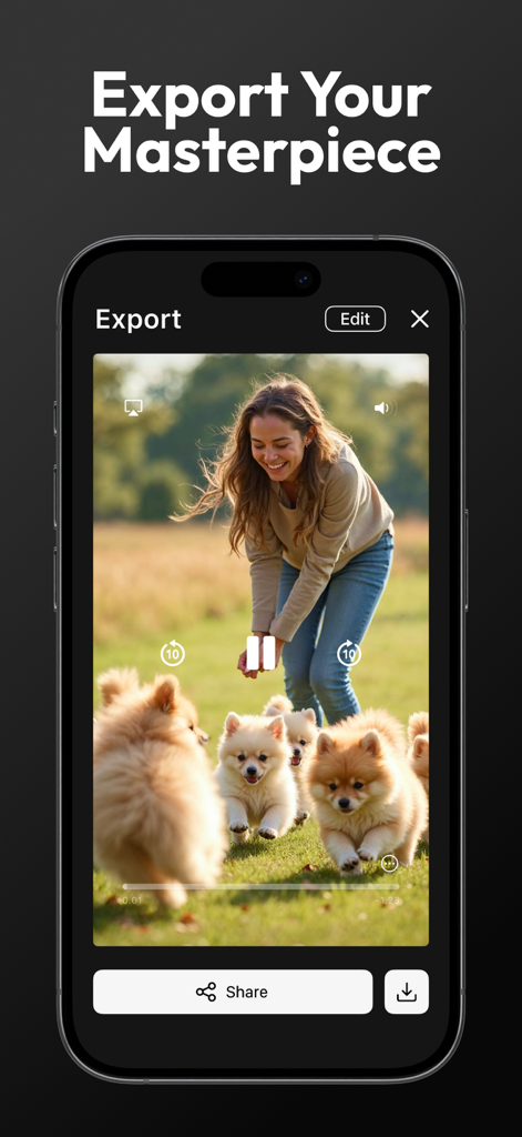 Video Speed Editor,Changer App - 모바일 동영상 편집기 앱의 내보내기 화면, 햇볕이 잘 드는 들판에서 강아지와 놀고 있는 여성의 모습, 클립 공유 또는 다운로드 옵션 표시