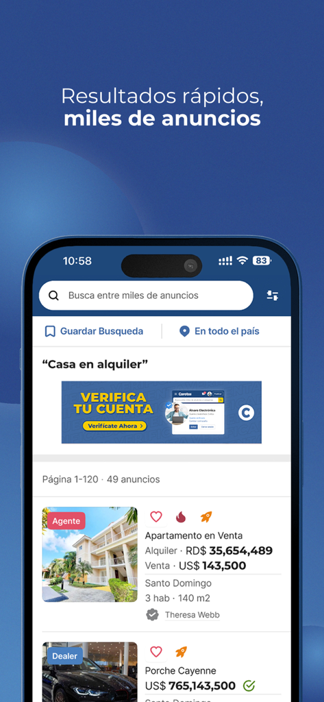 Corotos app interface displaying search results for apartments and luxury cars in the Dominican Republic