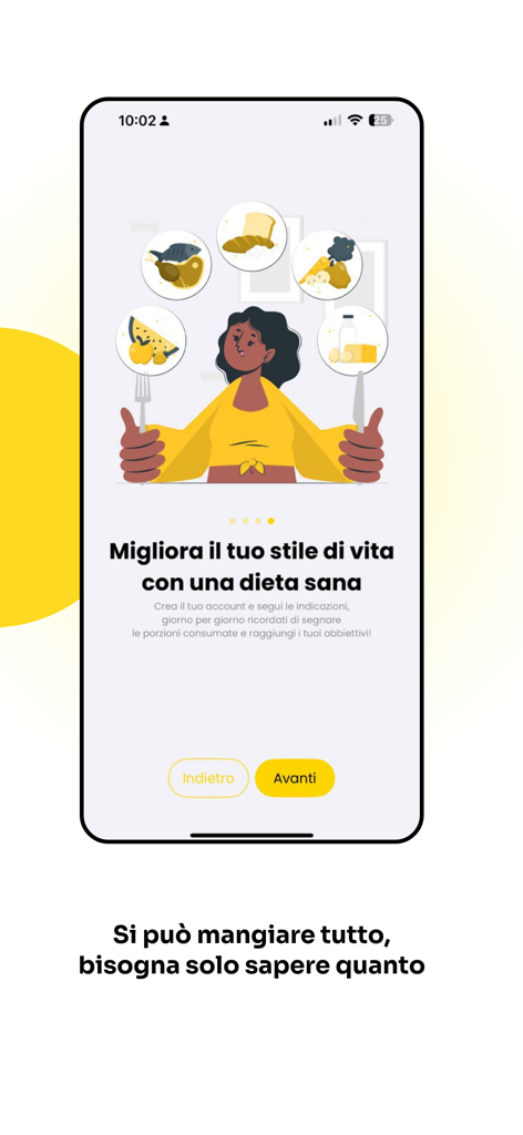 Pantalla de incorporación de la aplicación Dieta a Porzioni con una ilustración de porciones de comida equilibradas y consejos de estilo de vida saludable.