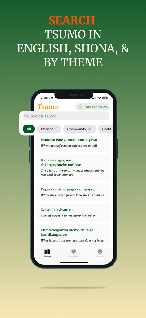 The search interface of the Tsumo by NhakaBox app showing a list of Shona proverbs with their English translations.