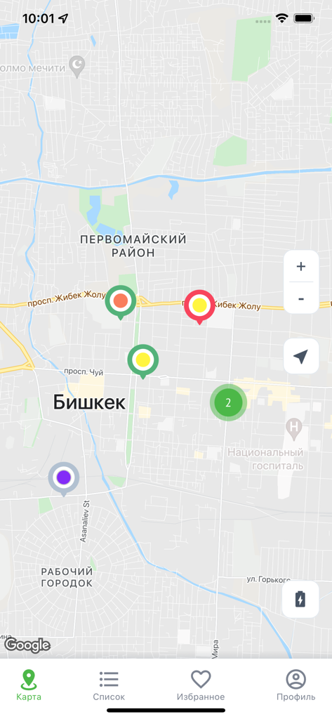 Map view of the SPARK KG app showing locations of EV charging stations with status pins in Bishkek.
