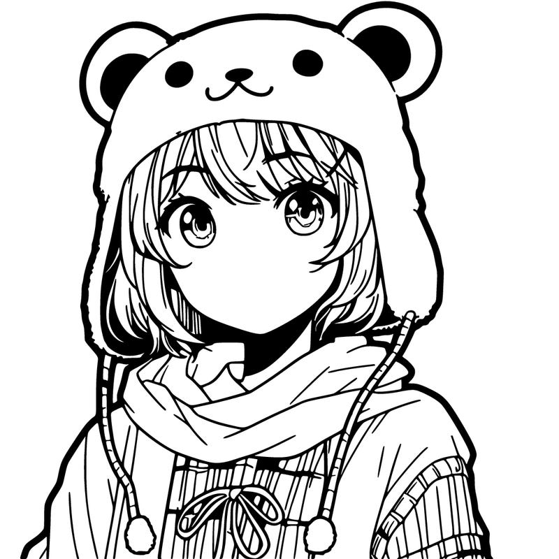 girl with bear hat, and shoulder showing, and anime face