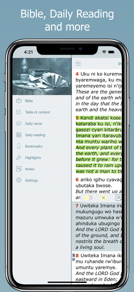 Kinyarwanda Bible app interface displaying bilingual scripture text and side menu features
